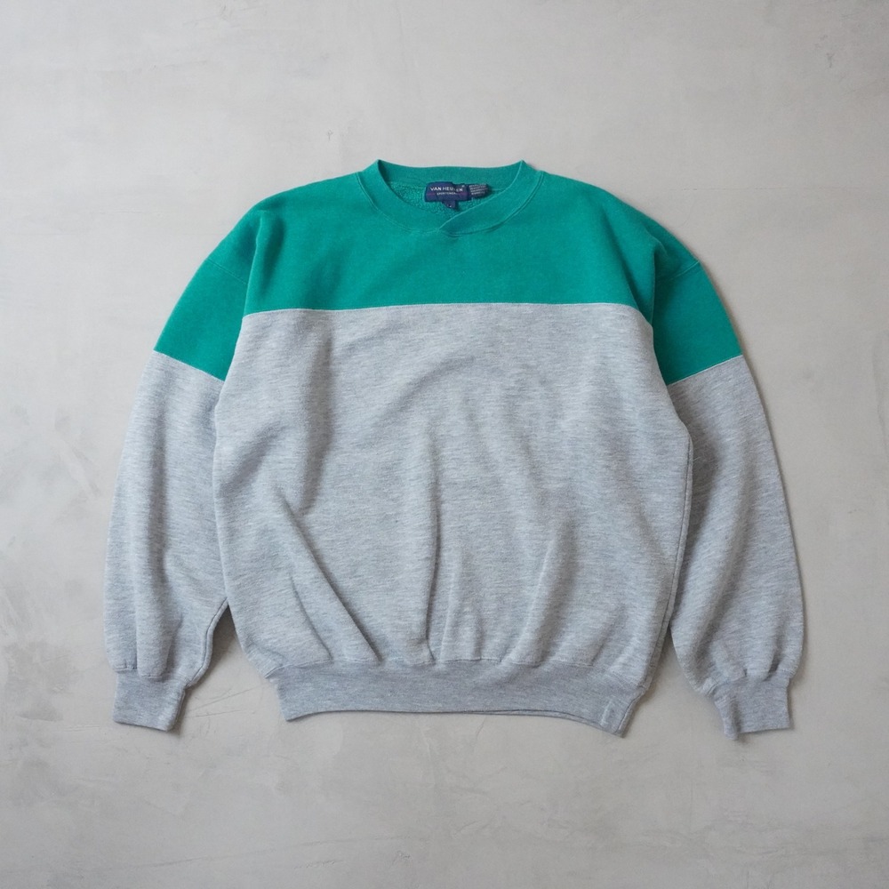 Vintage 90s Heusen Sportswear Sweatshirt Large Mens Teal Gray Color Block Fleece